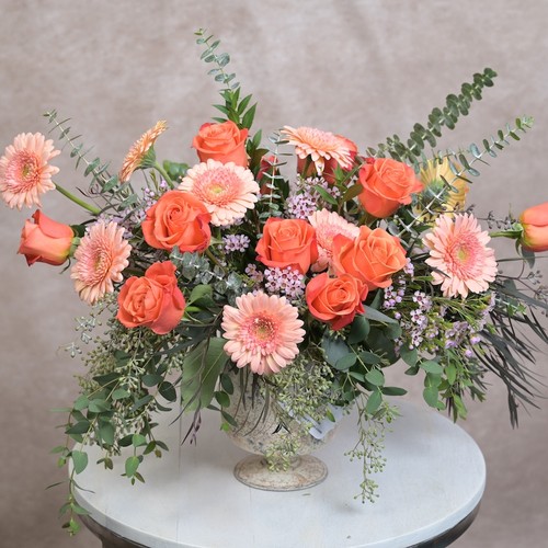 Coral gerbera daisies and roses with cascading eucalyptus in a footed vase by Cary luxury florist